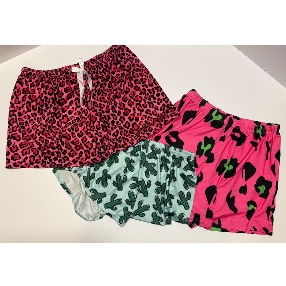3 pair Lounge Sleep Shorts Women's Pajama Bundle-pink leopard, cactus, pink